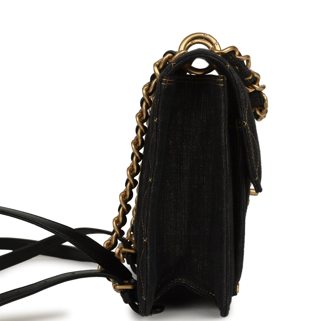 Chanel Double You Flap Backpack Black Denim Antique Gold Hardware