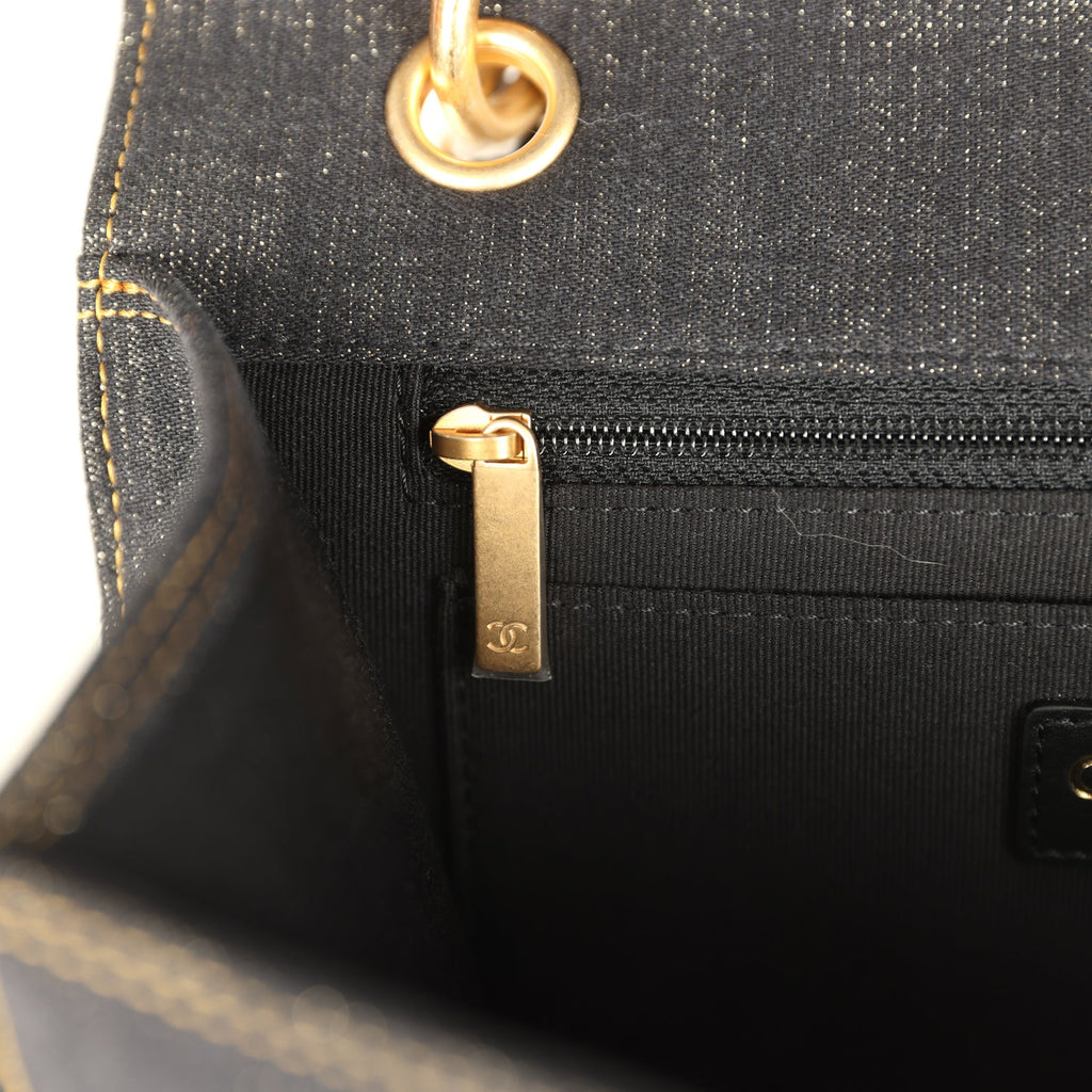 Chanel Double You Flap Backpack Black Denim Antique Gold Hardware