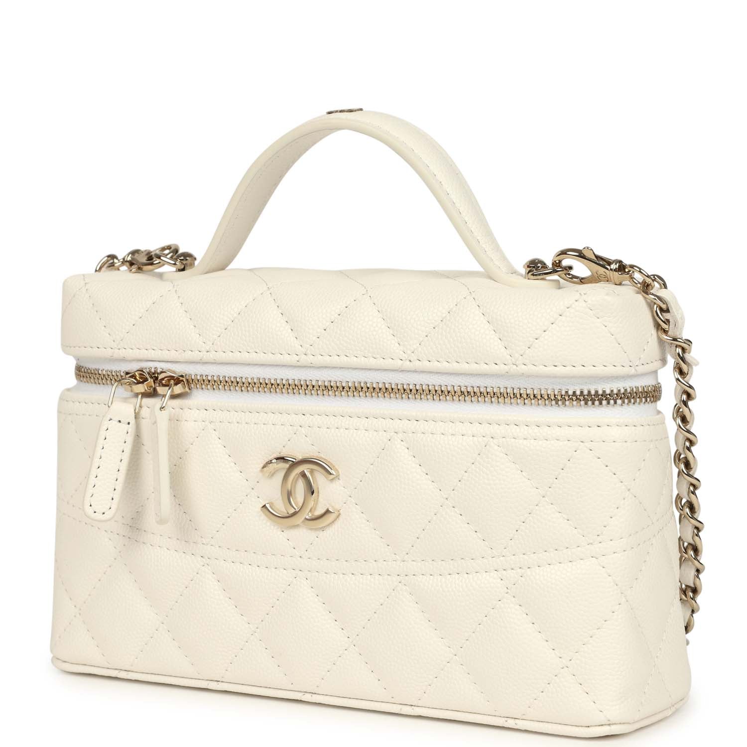 Chanel Trendy Top Handle Long Vanity Case with Chain White Caviar Light Gold Hardware