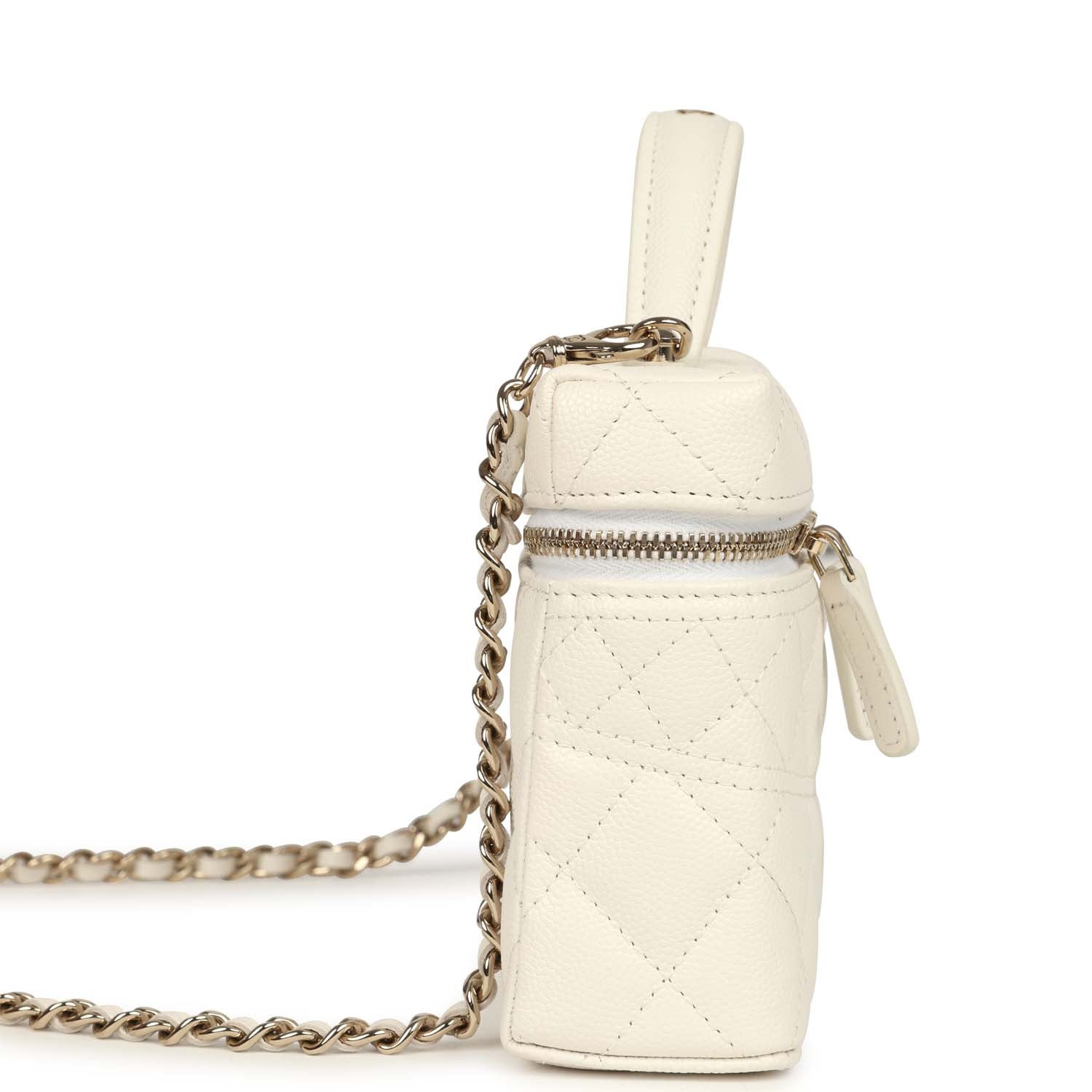 Chanel Trendy Top Handle Long Vanity Case with Chain White Caviar Light Gold Hardware