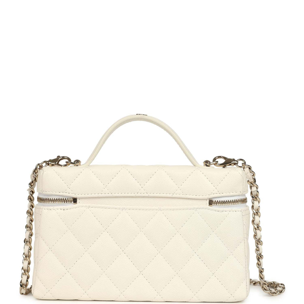 Chanel Trendy Top Handle Long Vanity Case with Chain White Caviar Light Gold Hardware