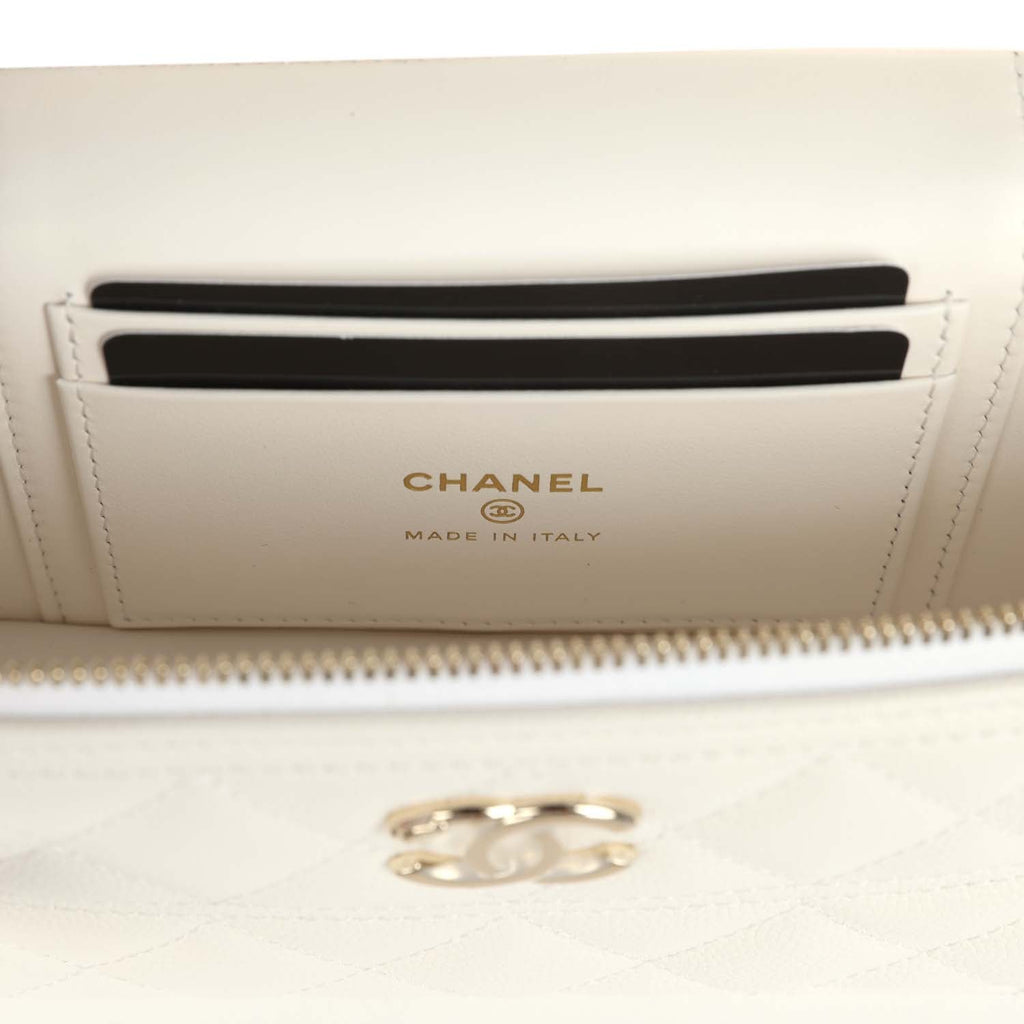 Chanel Trendy Top Handle Long Vanity Case with Chain White Caviar Light Gold Hardware