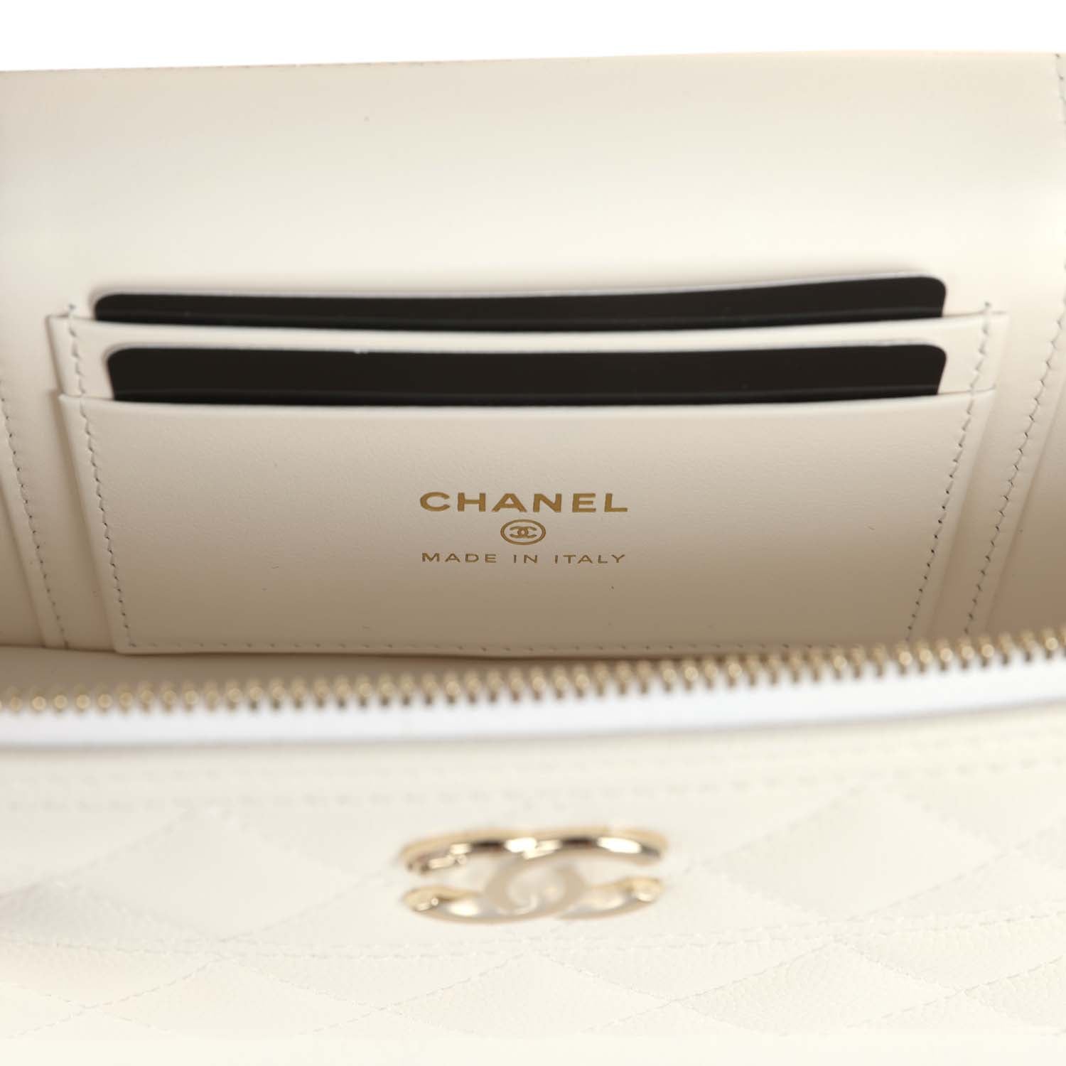 Chanel Trendy Top Handle Long Vanity Case with Chain White Caviar Light Gold Hardware