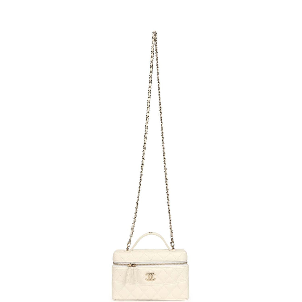 Chanel Trendy Top Handle Long Vanity Case with Chain White Caviar Light Gold Hardware
