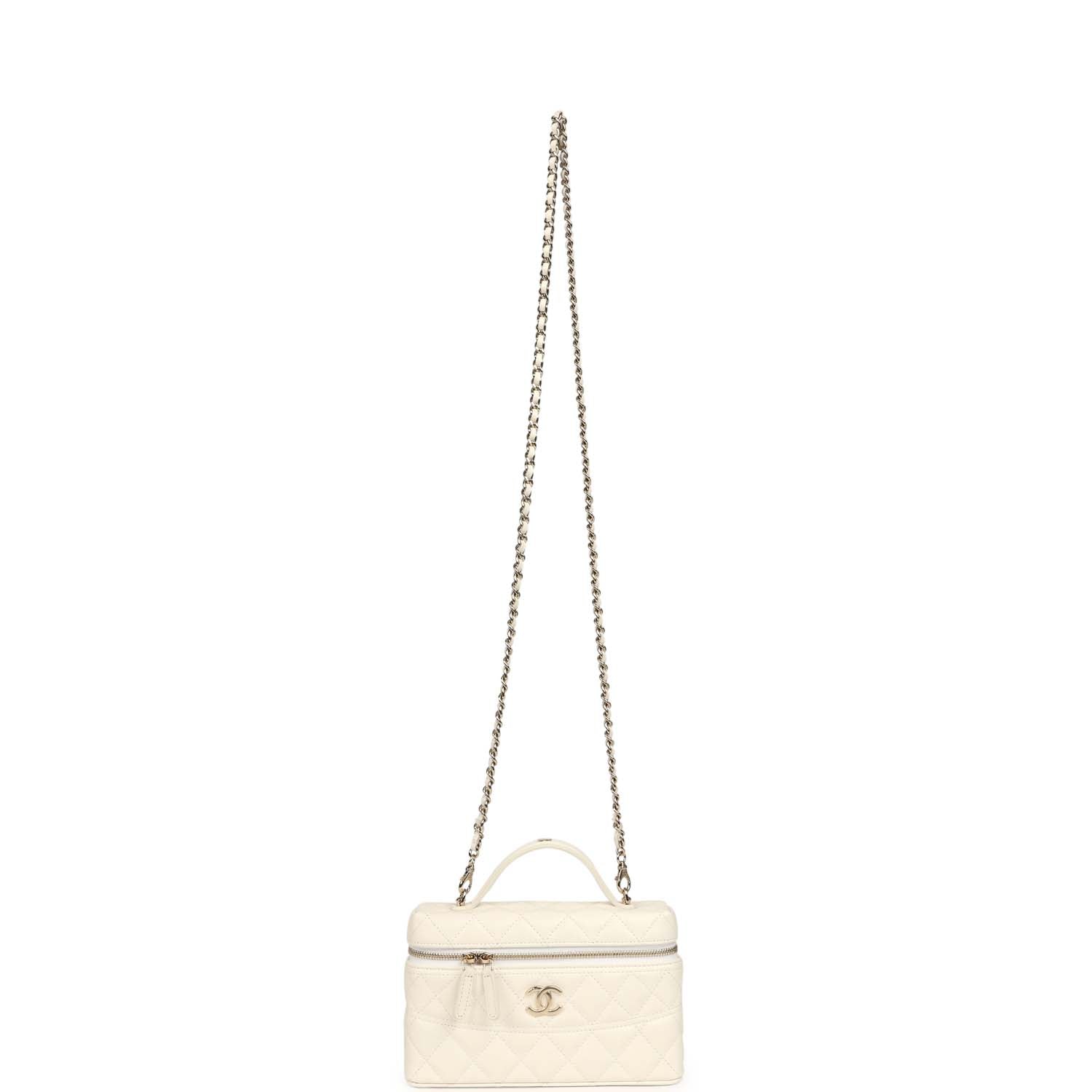 Chanel Trendy Top Handle Long Vanity Case with Chain White Caviar Light Gold Hardware