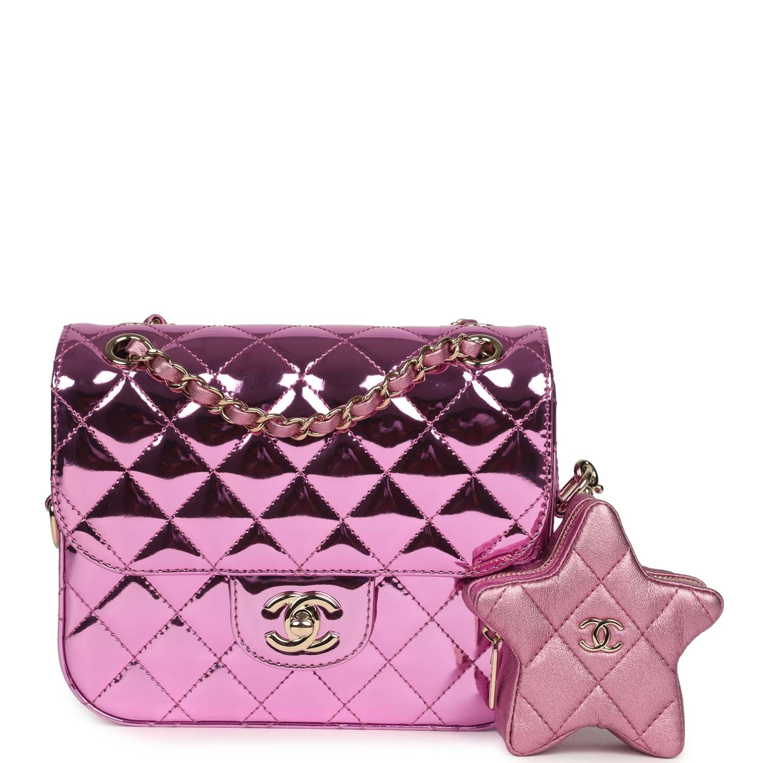 Chanel Mini Flap Bag and Star Coin Purse Pink Mirror Calfskin and Metallic Calfskin Light Gold Hardware
