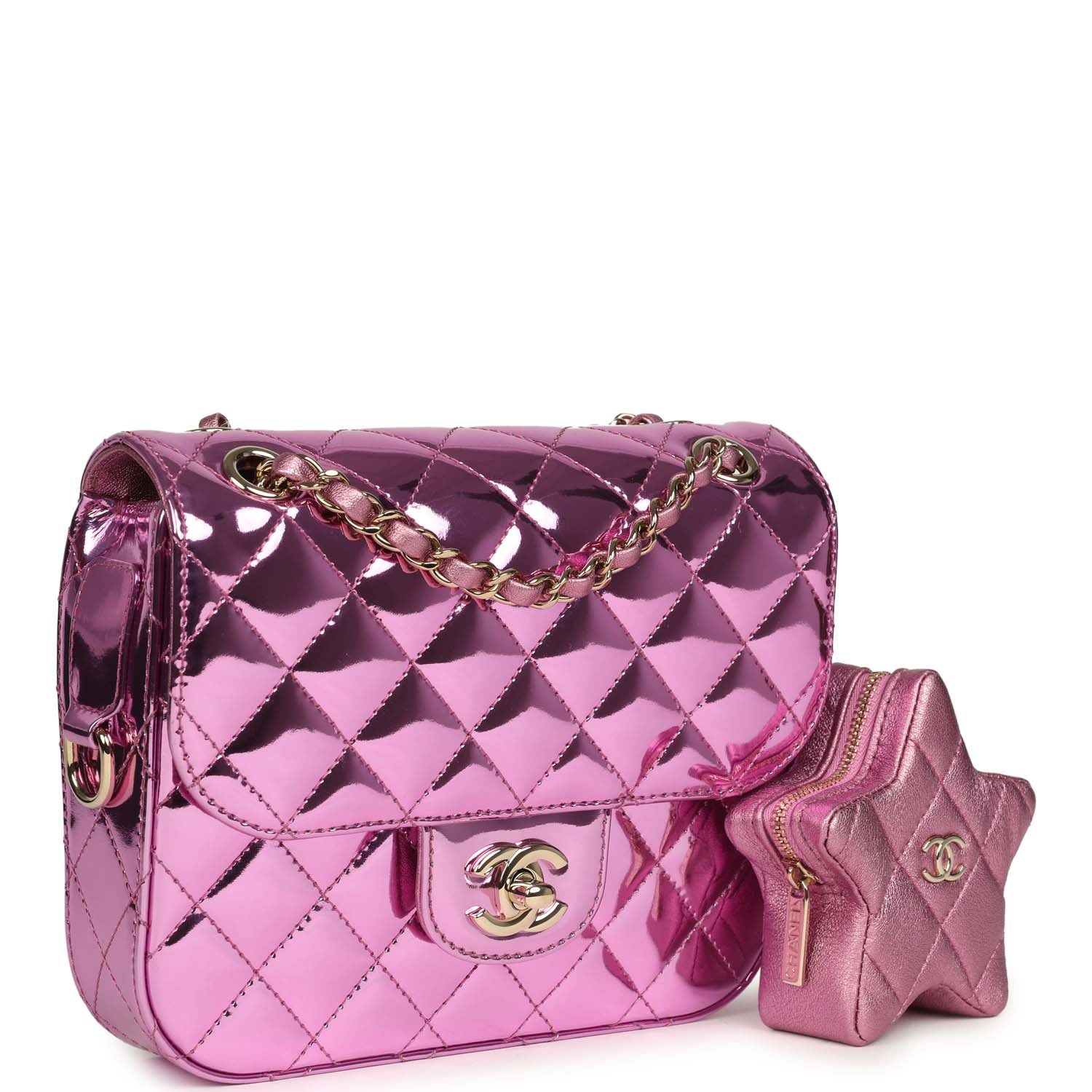 Chanel Mini Flap Bag and Star Coin Purse Pink Mirror Calfskin and Metallic Calfskin Light Gold Hardware