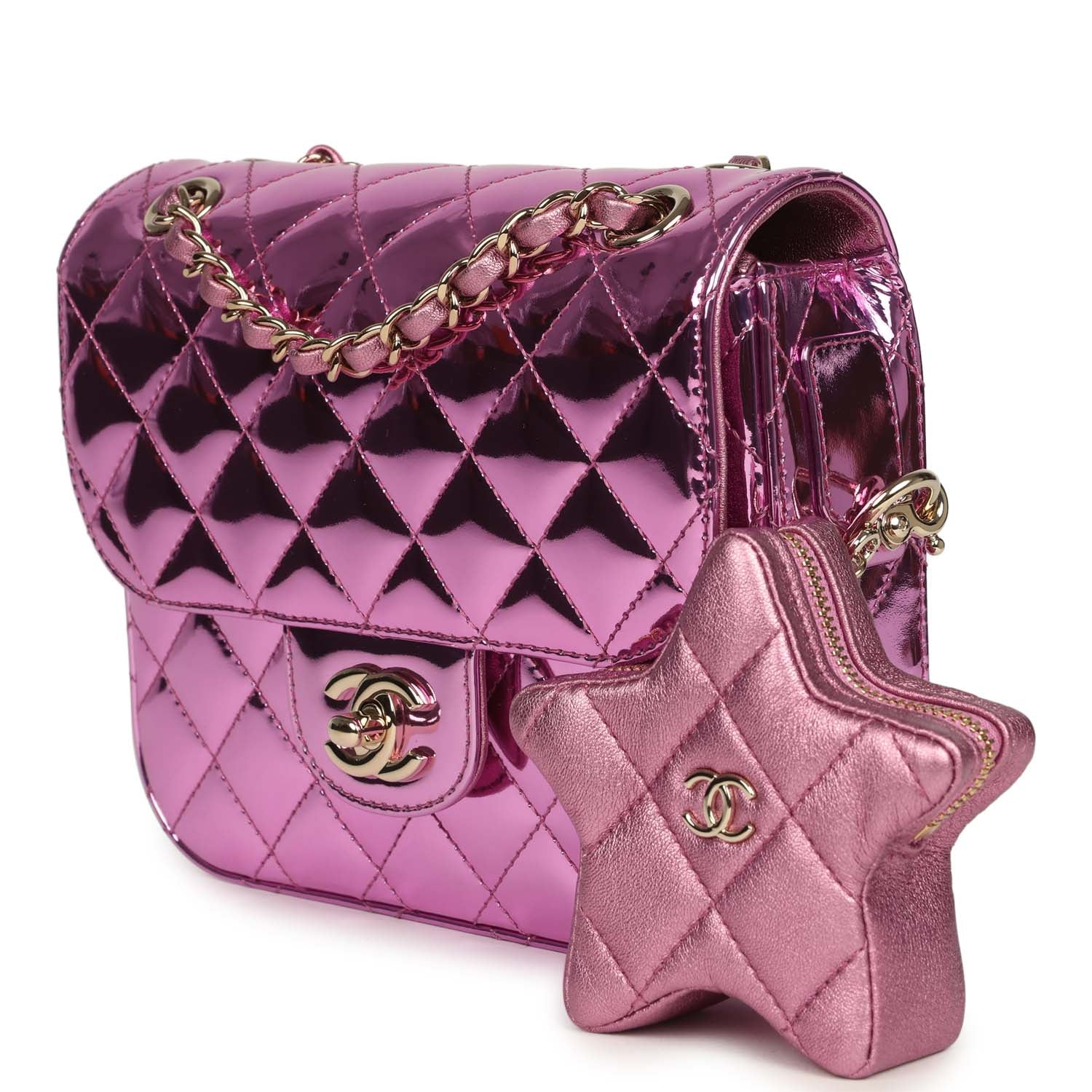 Chanel Mini Flap Bag and Star Coin Purse Pink Mirror Calfskin and Metallic Calfskin Light Gold Hardware