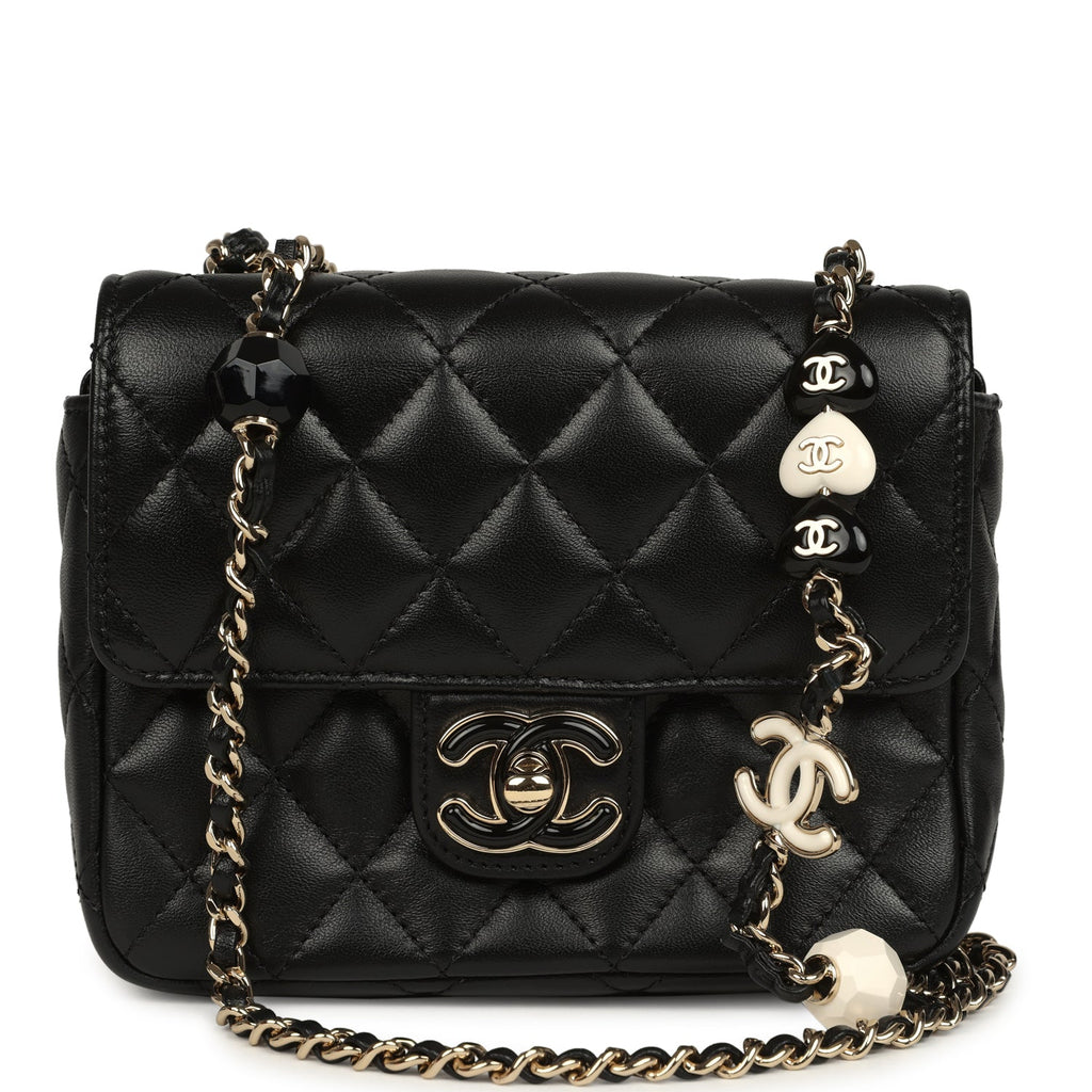 Chanel Heart Charms Mini Square Flap Bag Black Lambskin Enamel Light Gold Hardware