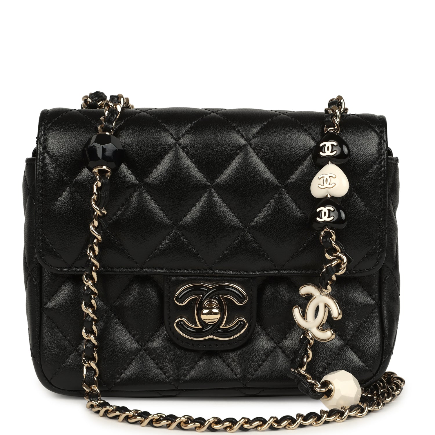 Chanel Heart Charms Mini Square Flap Bag Black Lambskin Enamel Light Gold Hardware