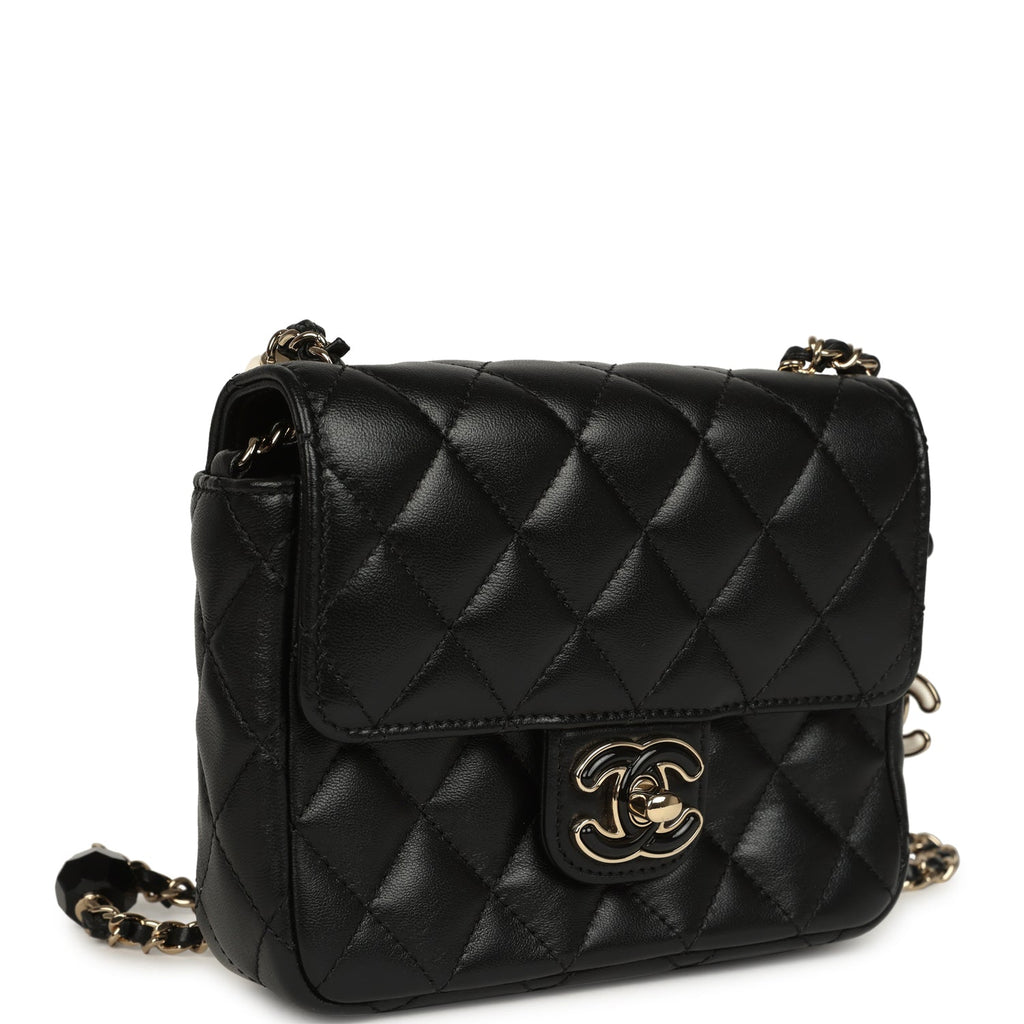 Chanel Heart Charms Mini Square Flap Bag Black Lambskin Enamel Light Gold Hardware