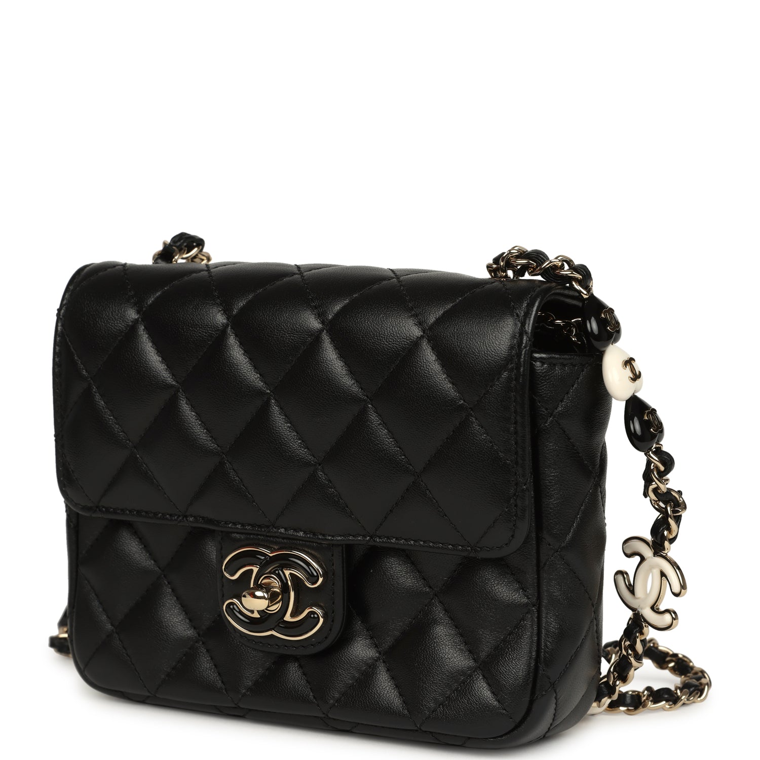Chanel Heart Charms Mini Square Flap Bag Black Lambskin Enamel Light Gold Hardware