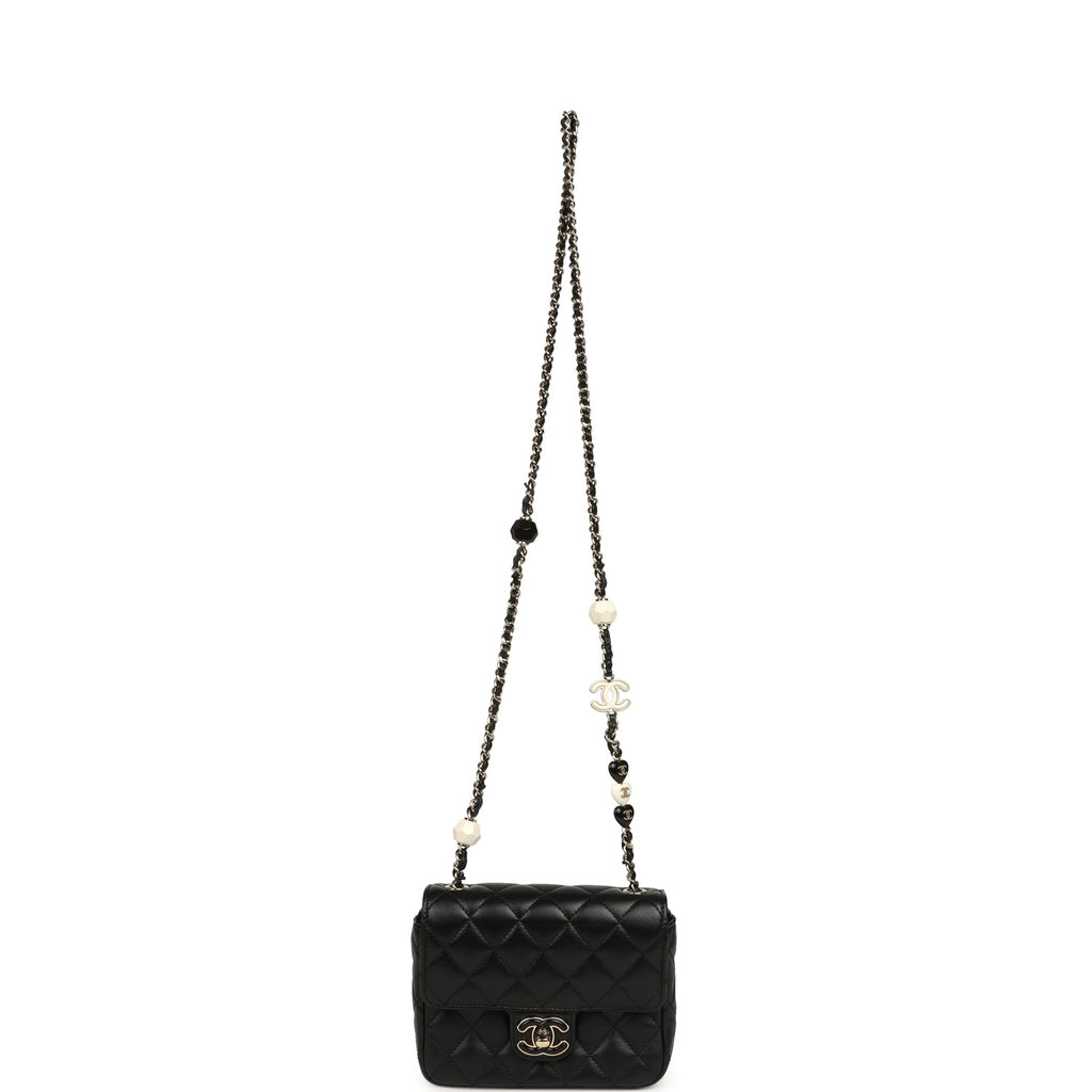 Chanel Heart Charms Mini Square Flap Bag Black Lambskin Enamel Light Gold Hardware