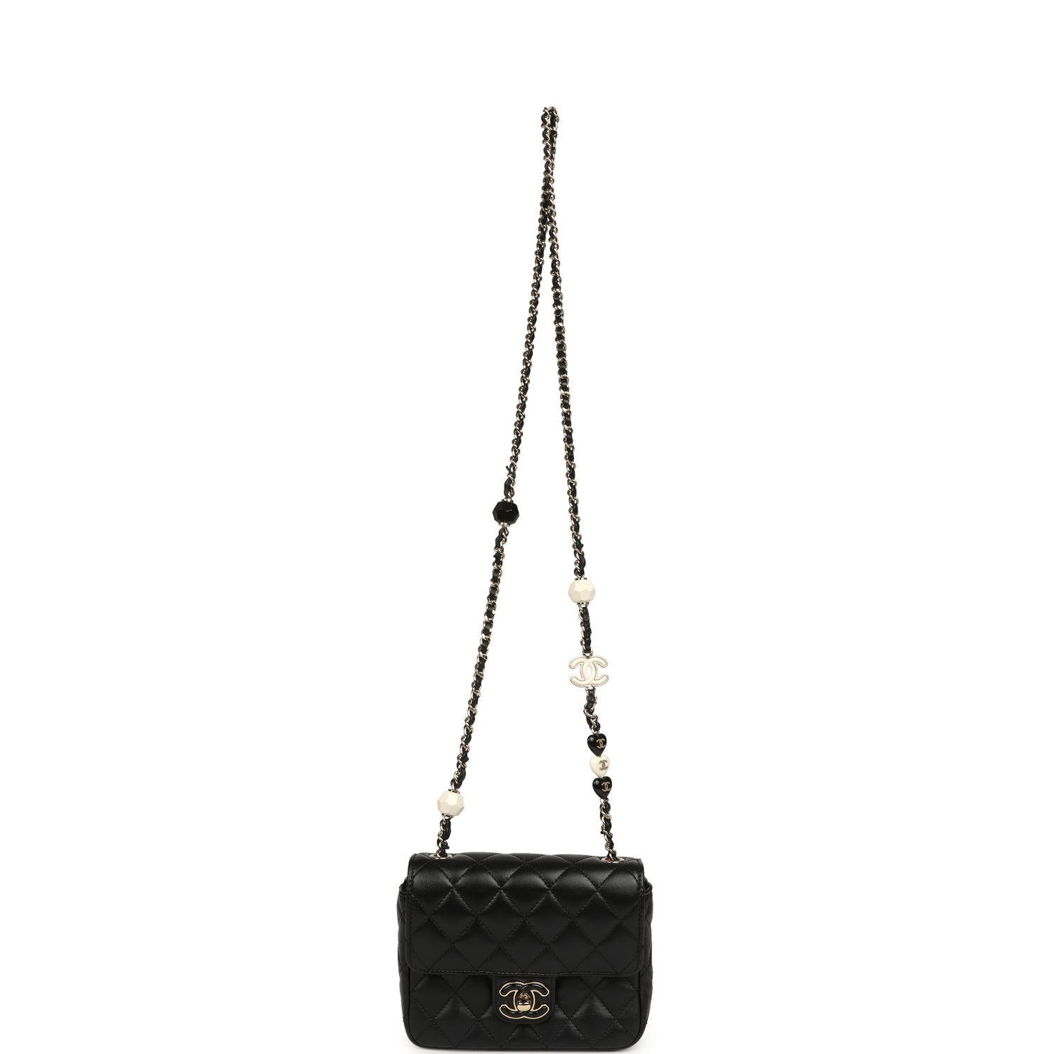Chanel Heart Charms Mini Square Flap Bag Black Lambskin Enamel Light Gold Hardware