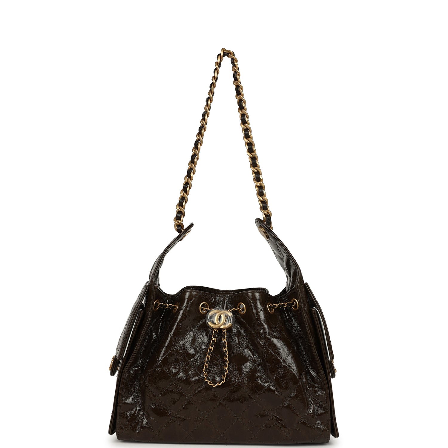 Chanel Small 25 Hobo Bag Khaki Shiny Aged Crumpled Calfskin Antique Gold Hardware