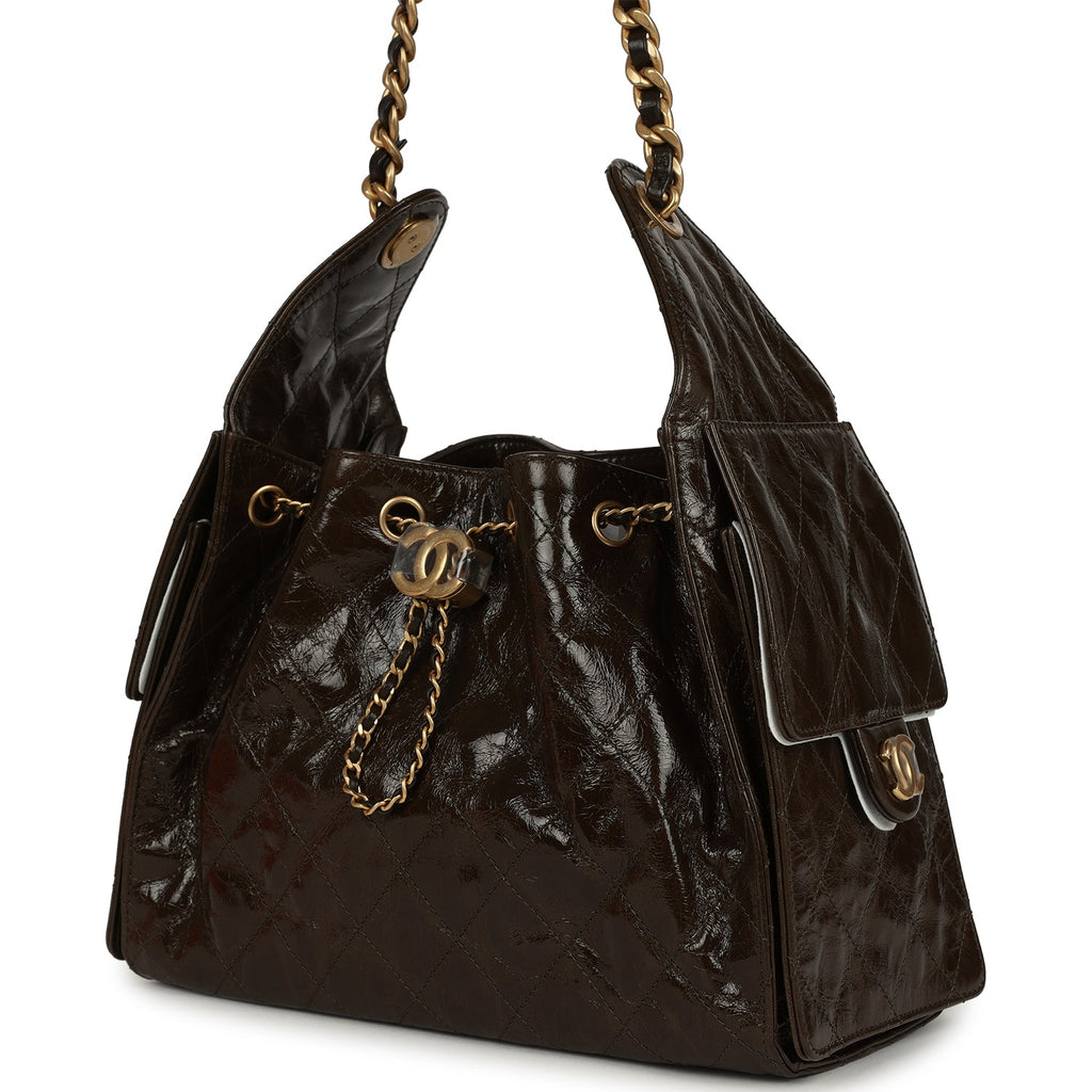 Chanel Small 25 Hobo Bag Khaki Shiny Aged Crumpled Calfskin Antique Gold Hardware
