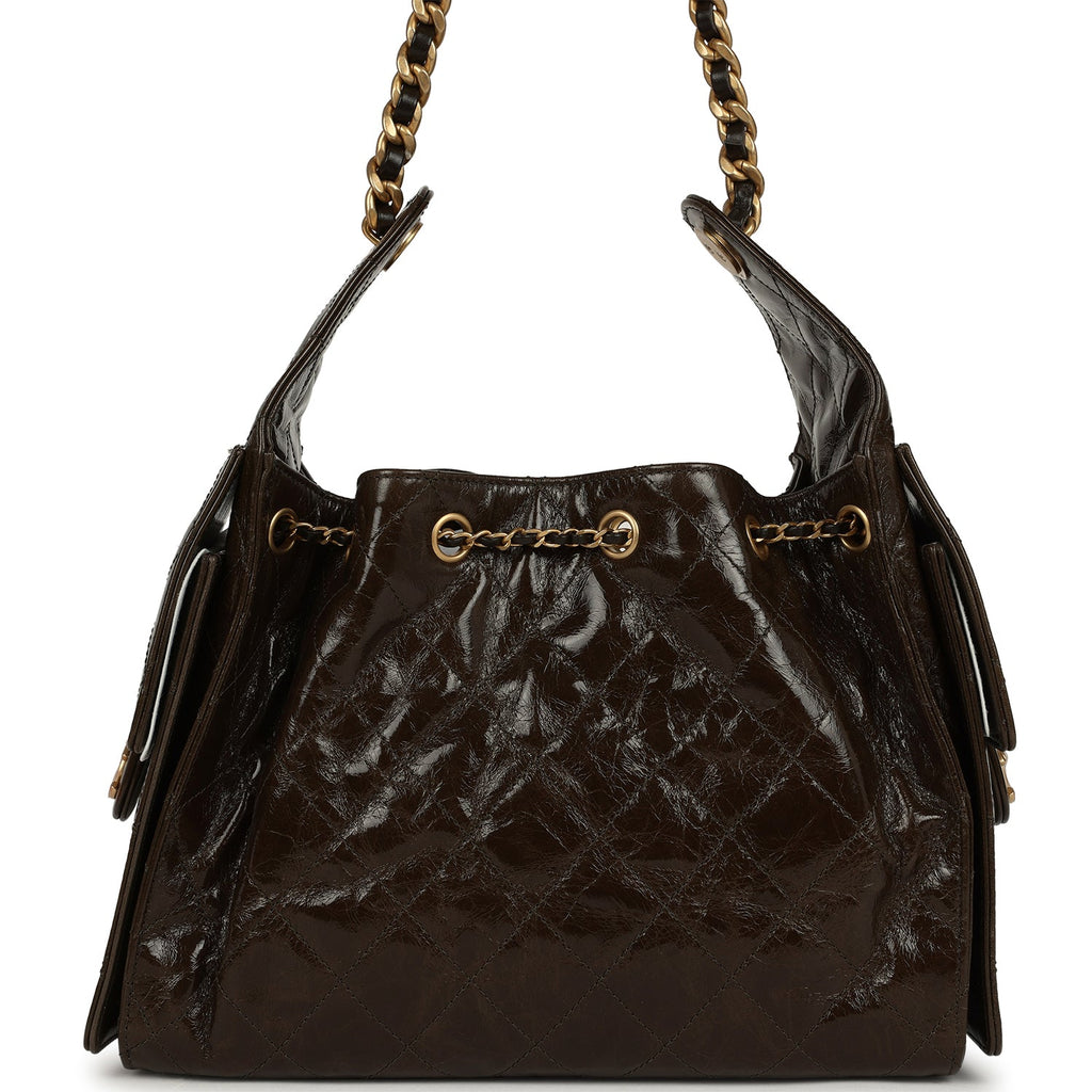 Chanel Small 25 Hobo Bag Khaki Shiny Aged Crumpled Calfskin Antique Gold Hardware