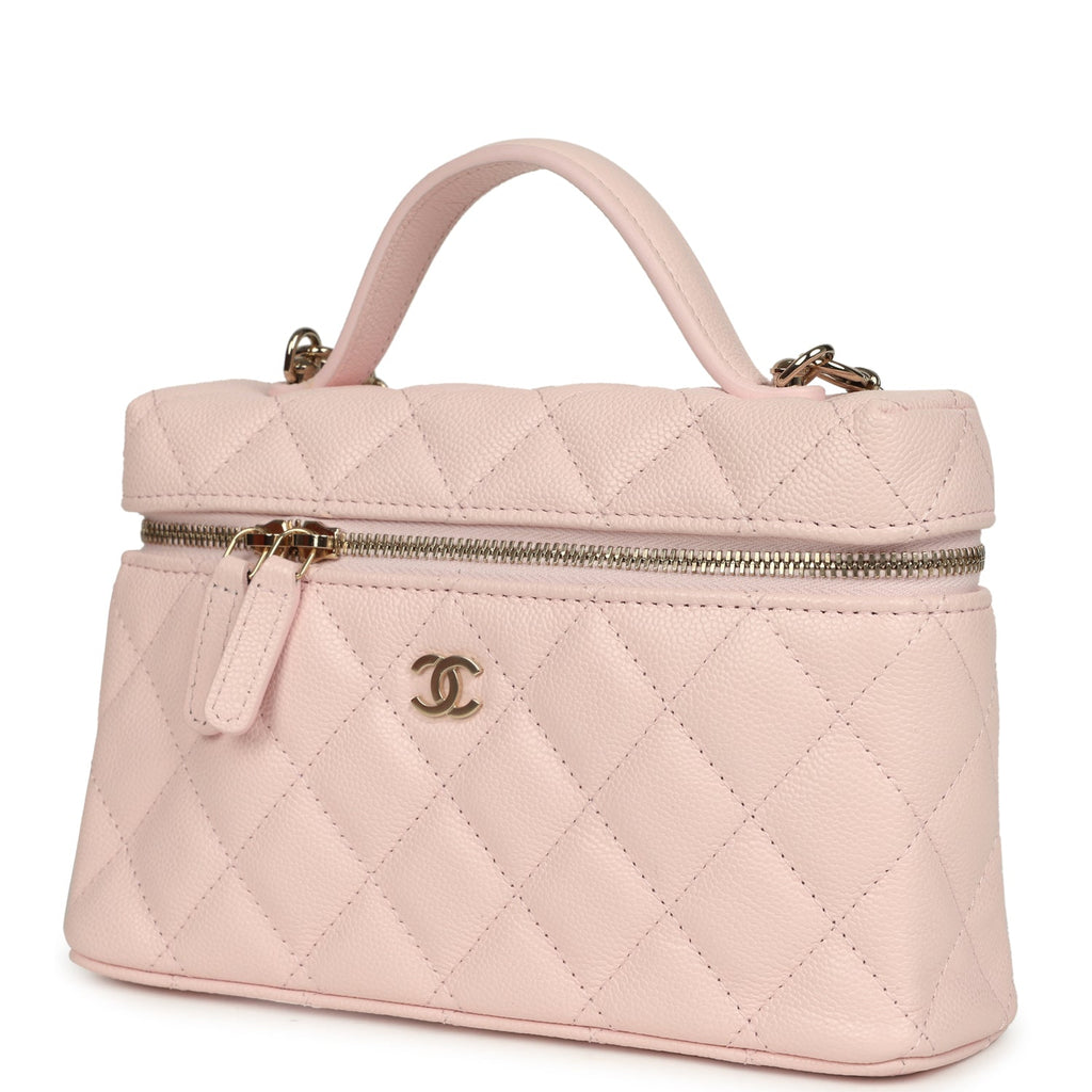 Chanel Top Handle Long Vanity Case with Chain Light Pink Shiny Caviar Light Gold Hardware
