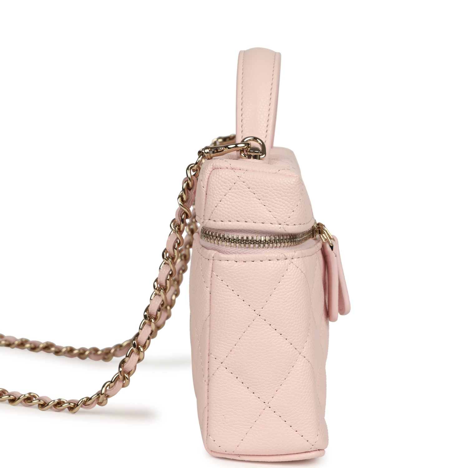 Chanel Top Handle Long Vanity Case with Chain Light Pink Shiny Caviar Light Gold Hardware