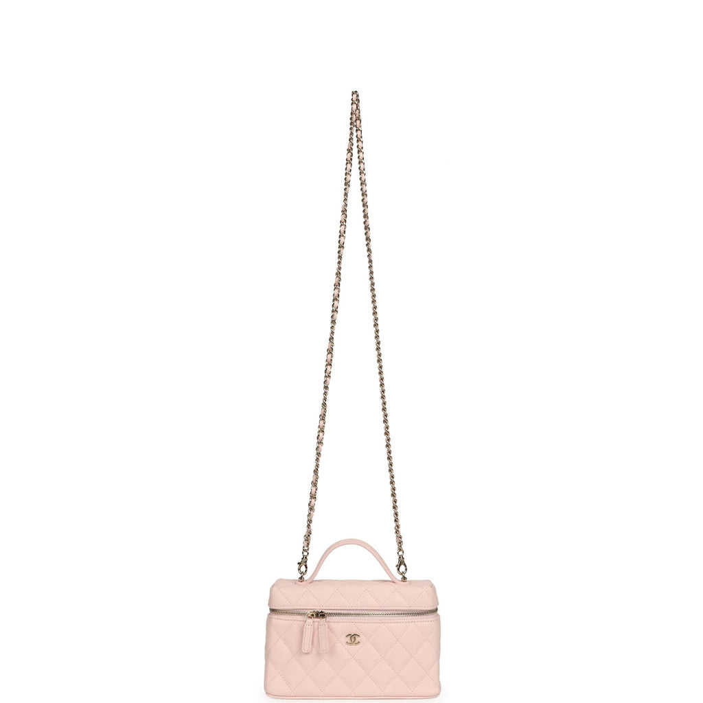 Chanel Top Handle Long Vanity Case with Chain Light Pink Shiny Caviar Light Gold Hardware