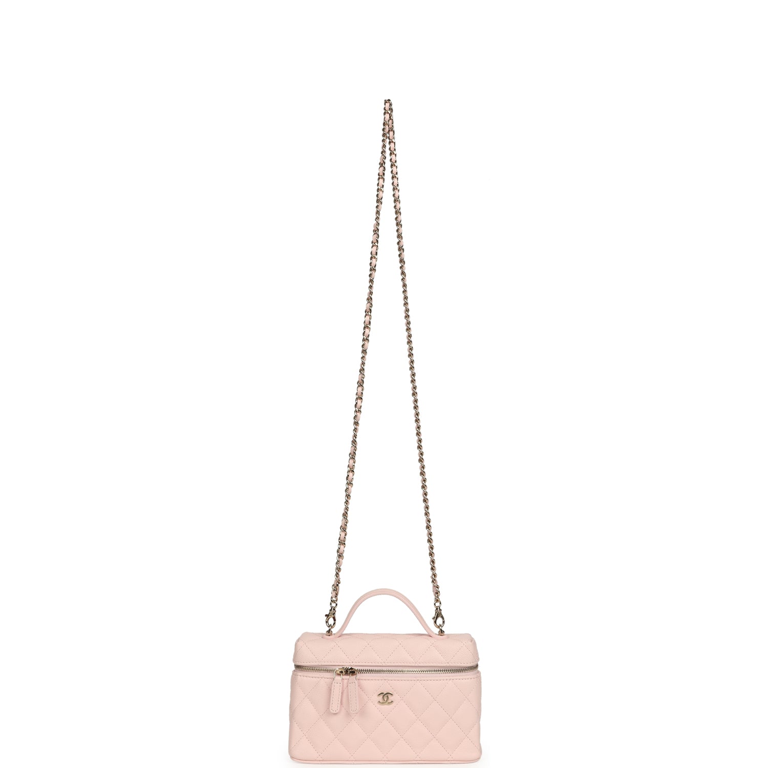 Chanel Top Handle Long Vanity Case with Chain Light Pink Shiny Caviar Light Gold Hardware