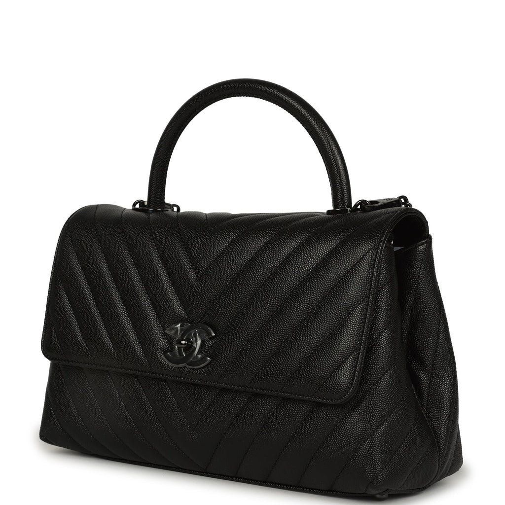 Chanel Medium Chevron Coco Top Handle So Black Shiny Caviar Black Hardware