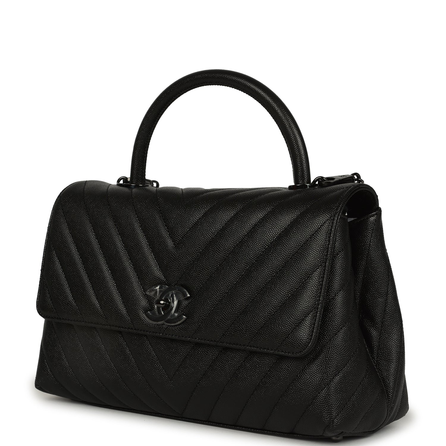Chanel Medium Chevron Coco Top Handle So Black Shiny Caviar Black Hardware