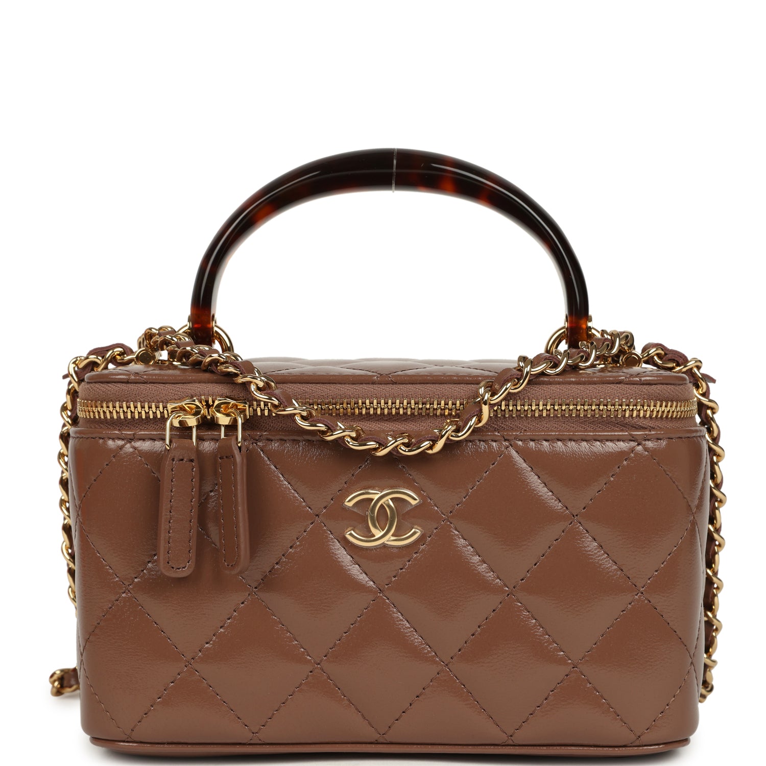Chanel Small Tortoiseshell Top Handle Vanity Case Brown Shiny Lambskin Light Gold Hardware