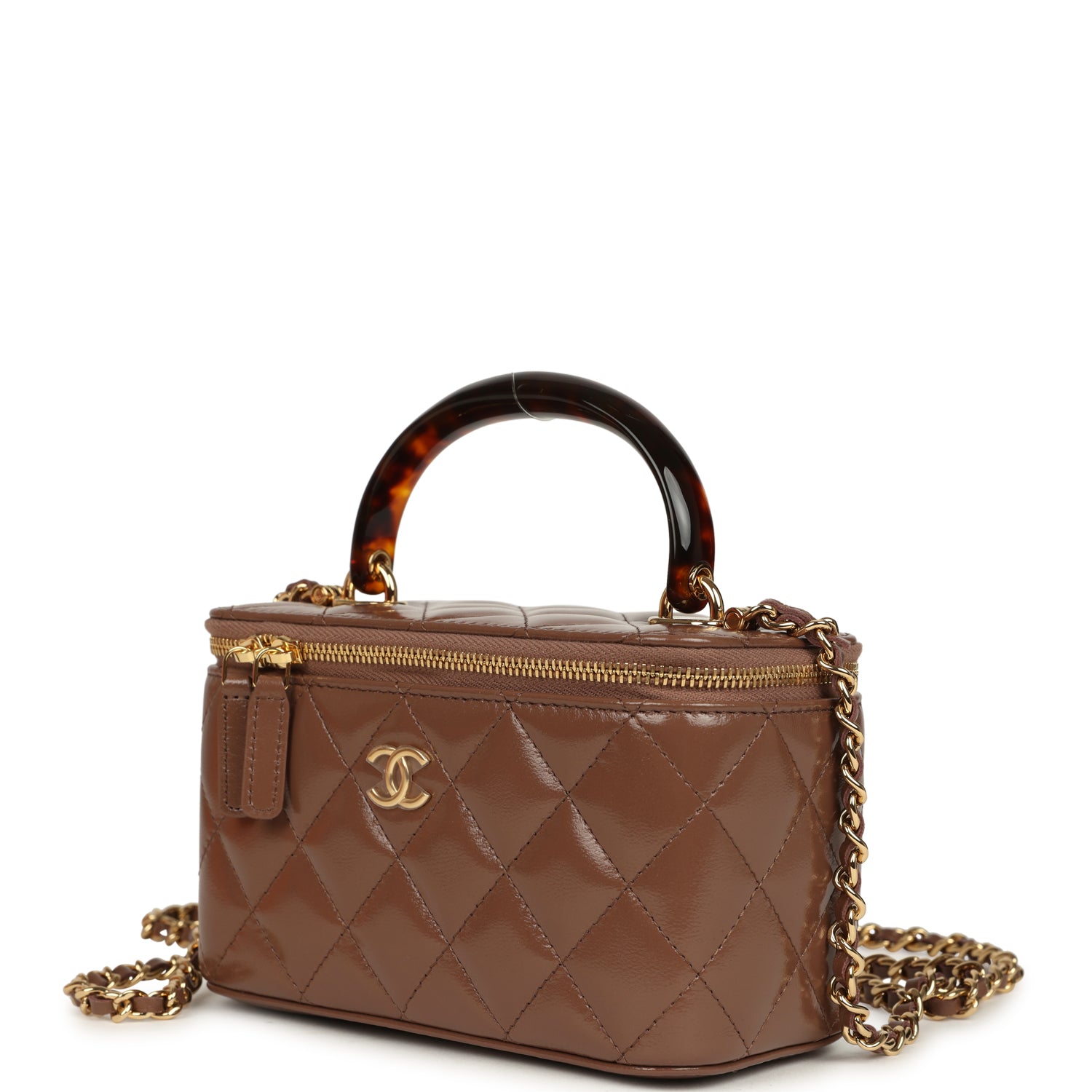 Chanel Small Tortoiseshell Top Handle Vanity Case Brown Shiny Lambskin Light Gold Hardware