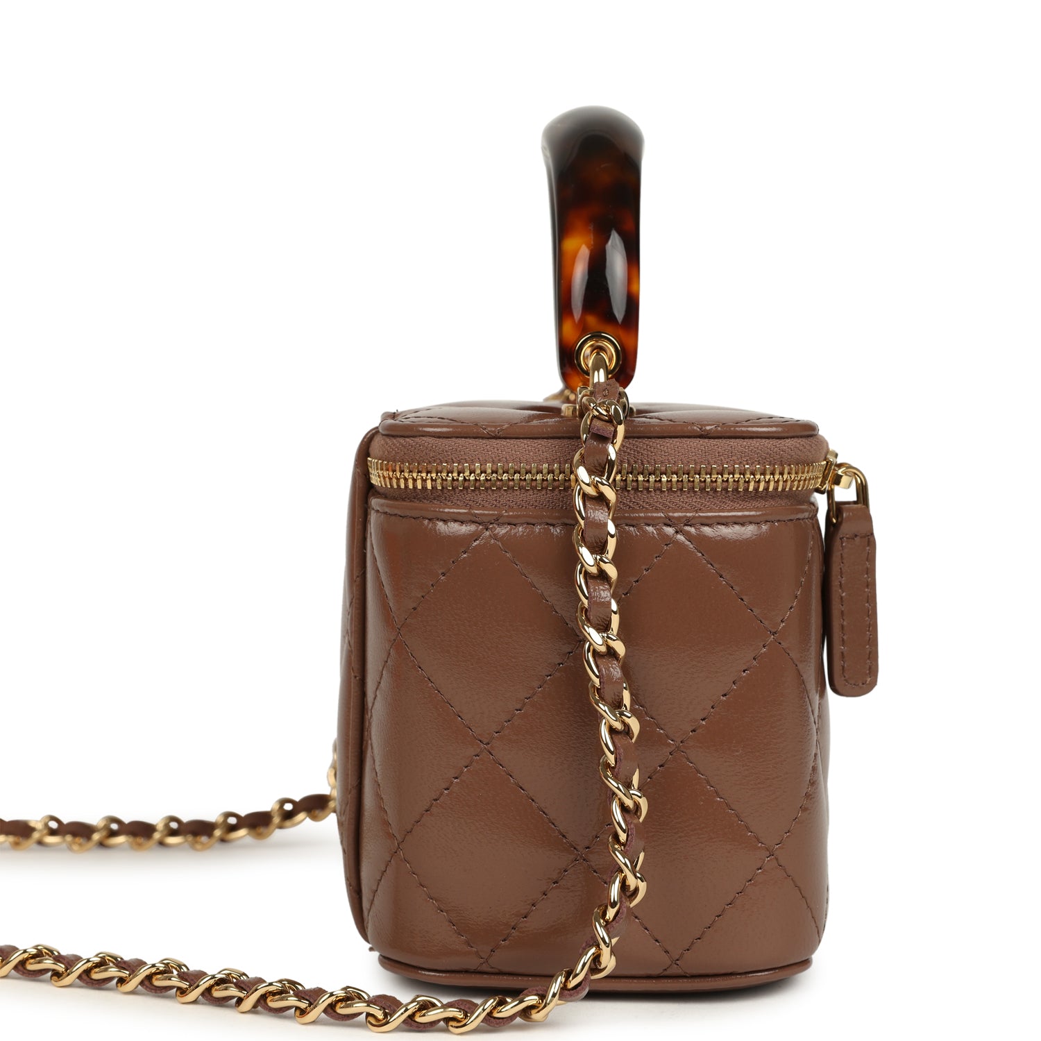 Chanel Small Tortoiseshell Top Handle Vanity Case Brown Shiny Lambskin Light Gold Hardware
