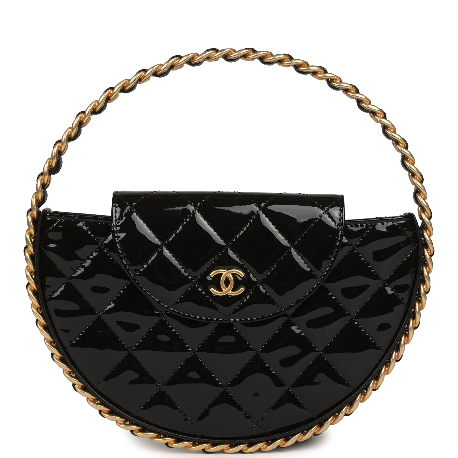 Chanel Hoop Bag Black Patent Leather Gold Hardware