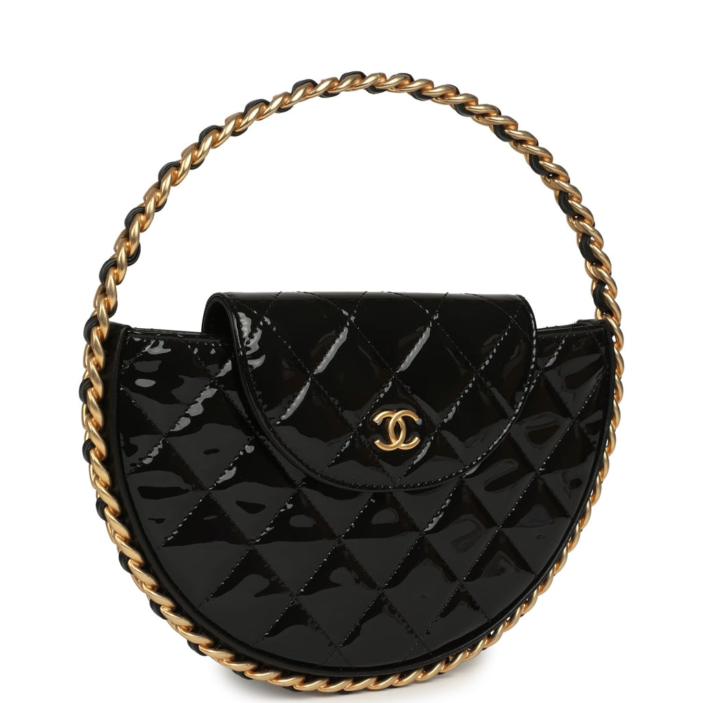 Chanel Hoop Bag Black Patent Leather Gold Hardware