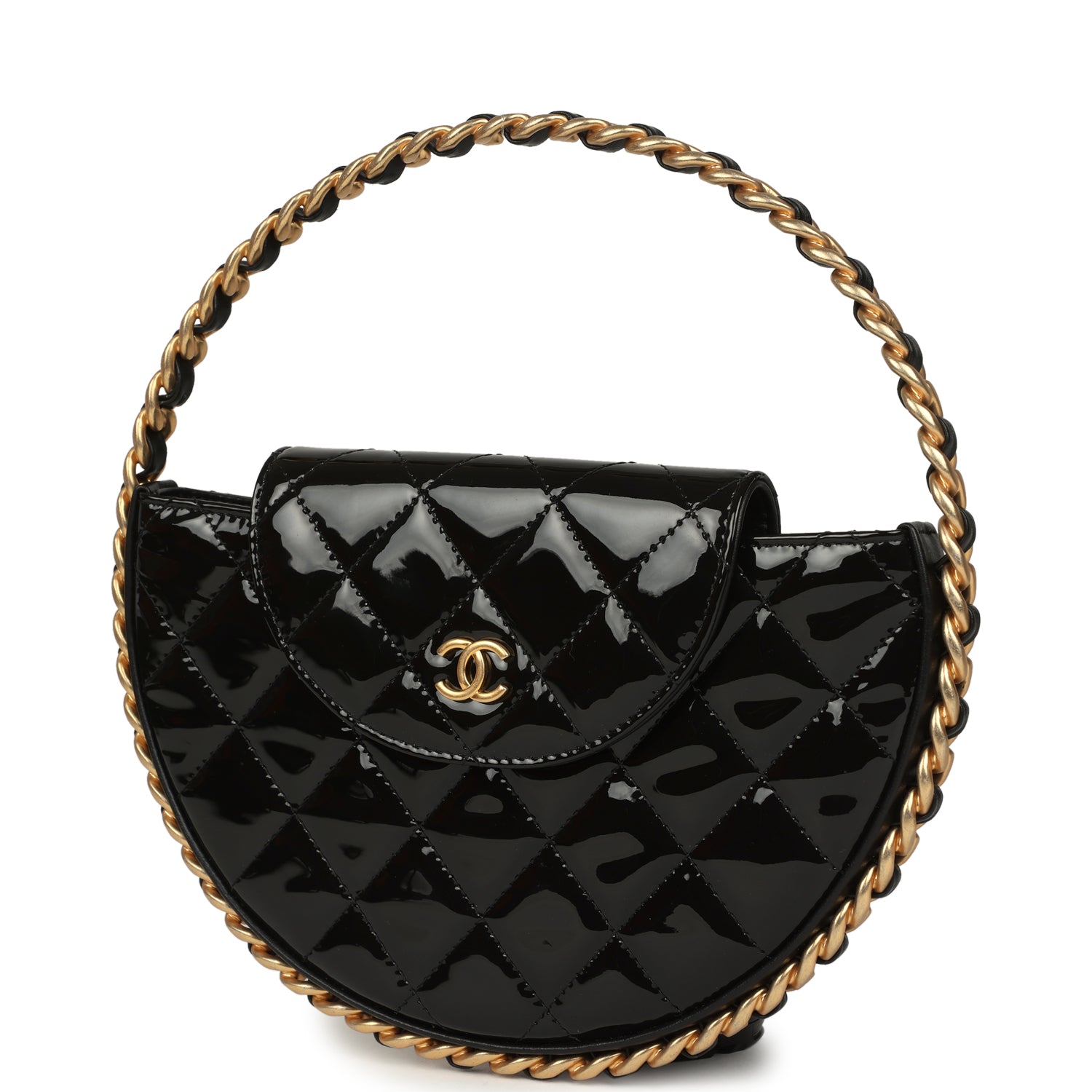 Chanel Hoop Bag Black Patent Leather Gold Hardware
