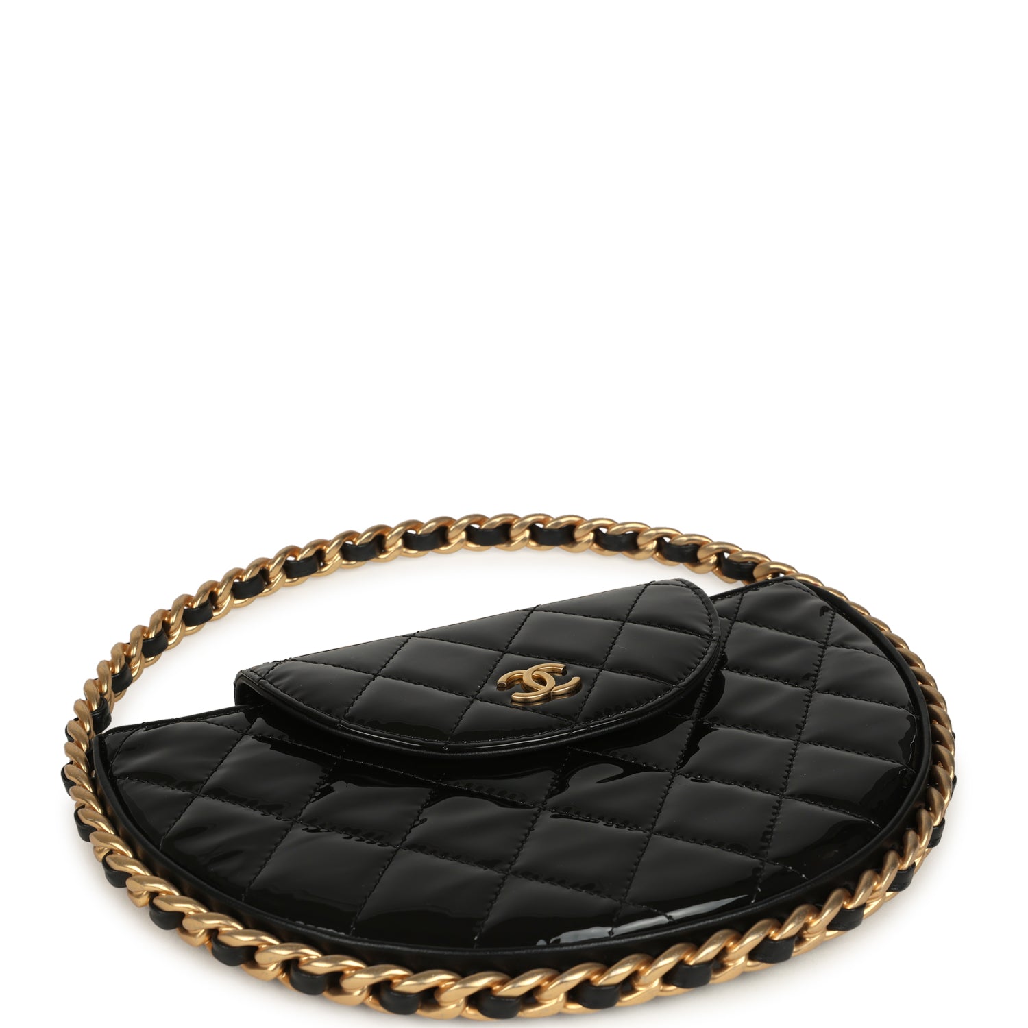 Chanel Hoop Bag Black Patent Leather Gold Hardware