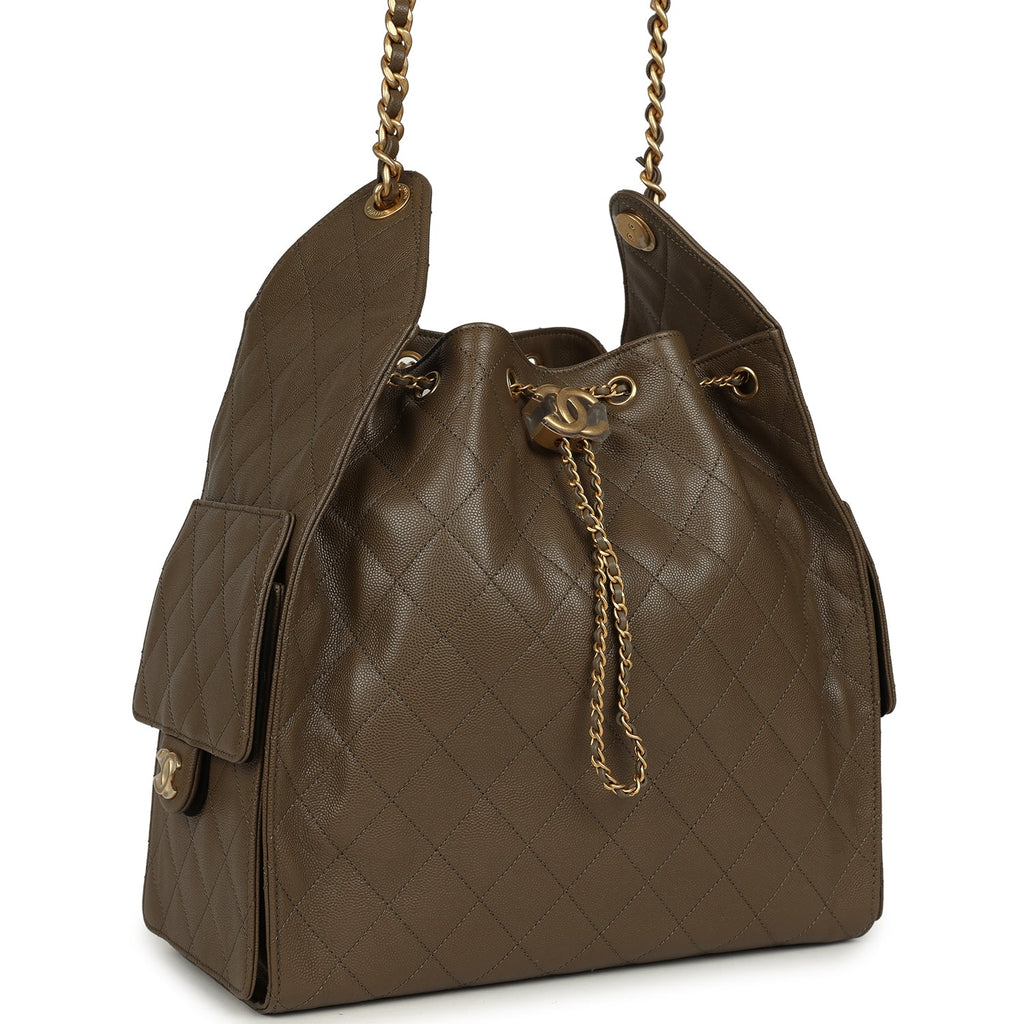 Chanel Medium 25 Hobo Bag Dark Khaki Caviar Antique Gold Hardware