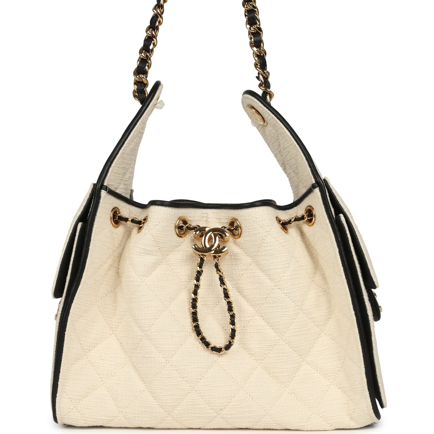 Chanel Small 25 Hobo Bag Ecru Canvas and Black Calfskin Gold Hardware