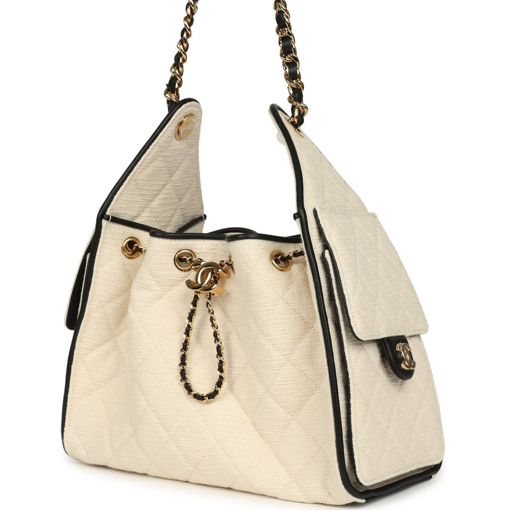 Chanel Small 25 Hobo Bag Ecru Canvas and Black Calfskin Gold Hardware