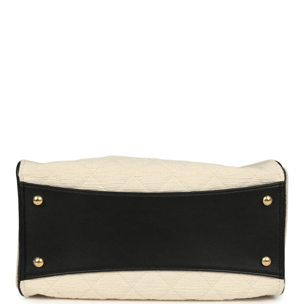 Chanel Small 25 Hobo Bag Ecru Canvas and Black Calfskin Gold Hardware