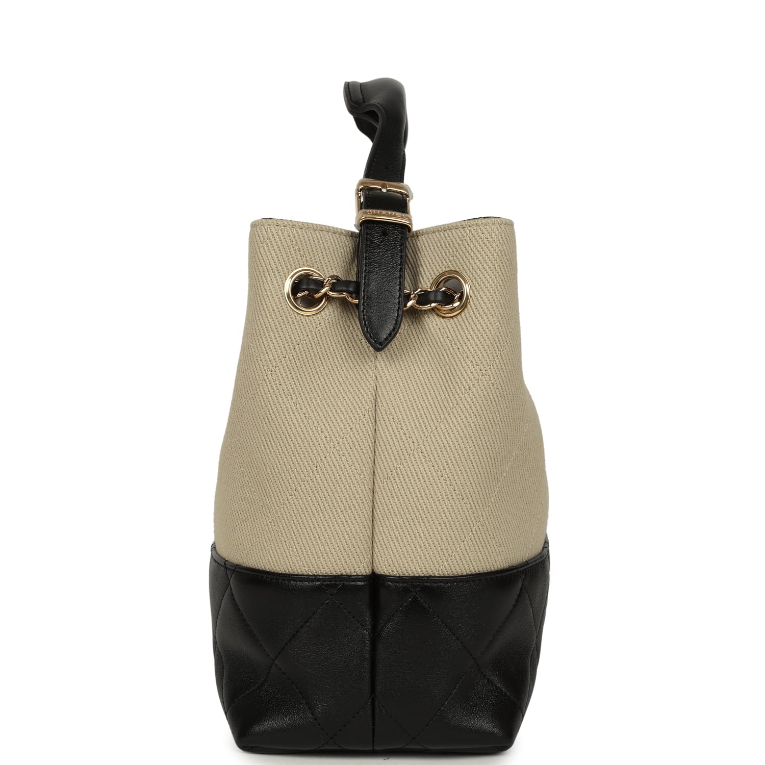 Chanel Small Coco Base Hobo Bag Beige Canvas and Black Shiny Lambskin Gold Hardware