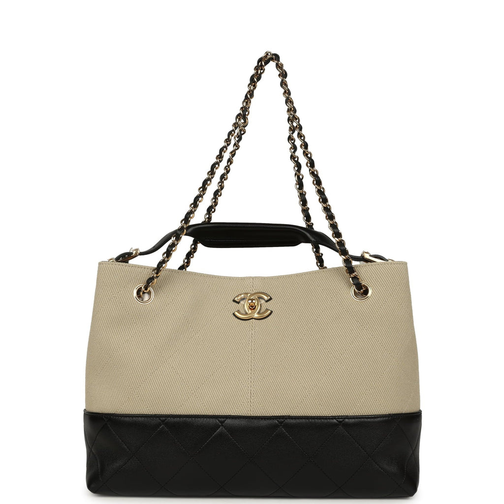 Chanel Small Coco Base Hobo Bag Beige Canvas and Black Shiny Lambskin Gold Hardware