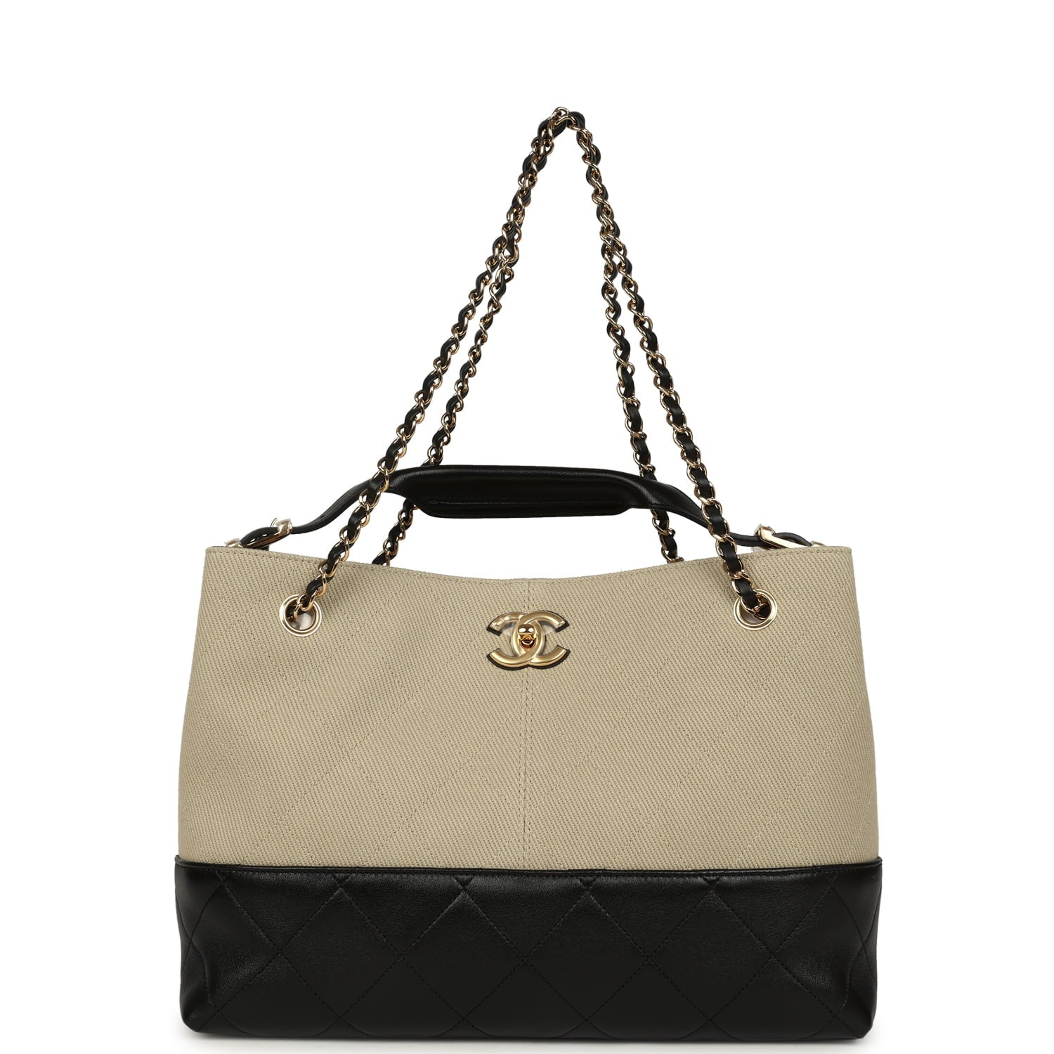 Chanel Small Coco Base Hobo Bag Beige Canvas and Black Shiny Lambskin Gold Hardware