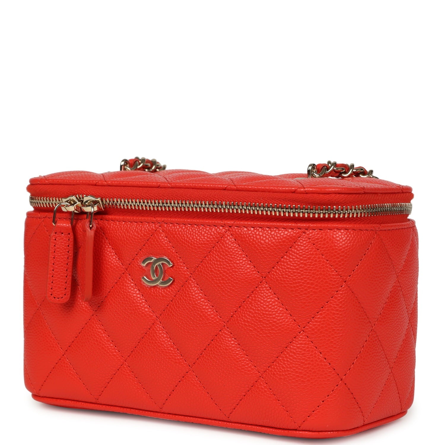 Chanel Small Classic Vanity Case Red Shiny Caviar Light Gold Hardware