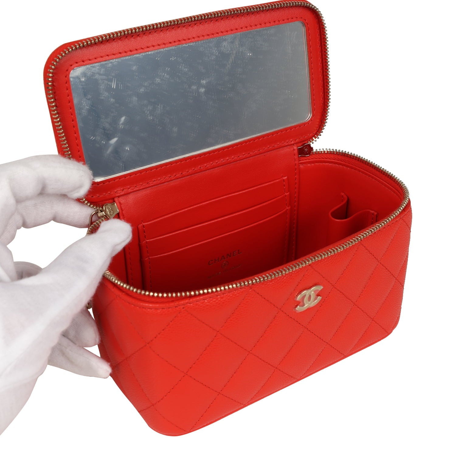Chanel Small Classic Vanity Case Red Shiny Caviar Light Gold Hardware