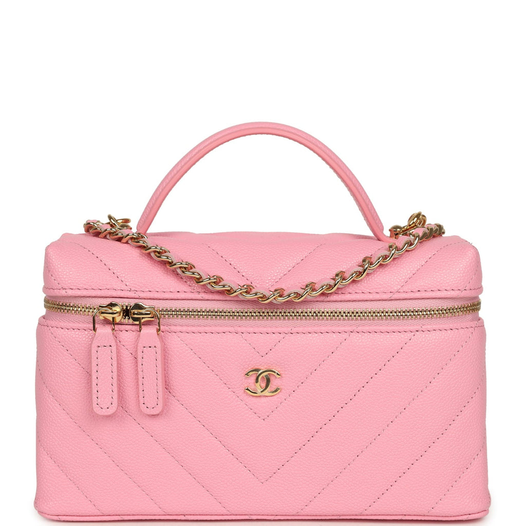 Chanel Sleek Chevron Top Handle Long Vanity Case with Chain Pink Shiny Caviar Gold Hardware