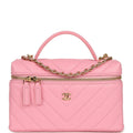 Chanel Sleek Chevron Top Handle Long Vanity Case with Chain Pink Shiny Caviar Gold Hardware