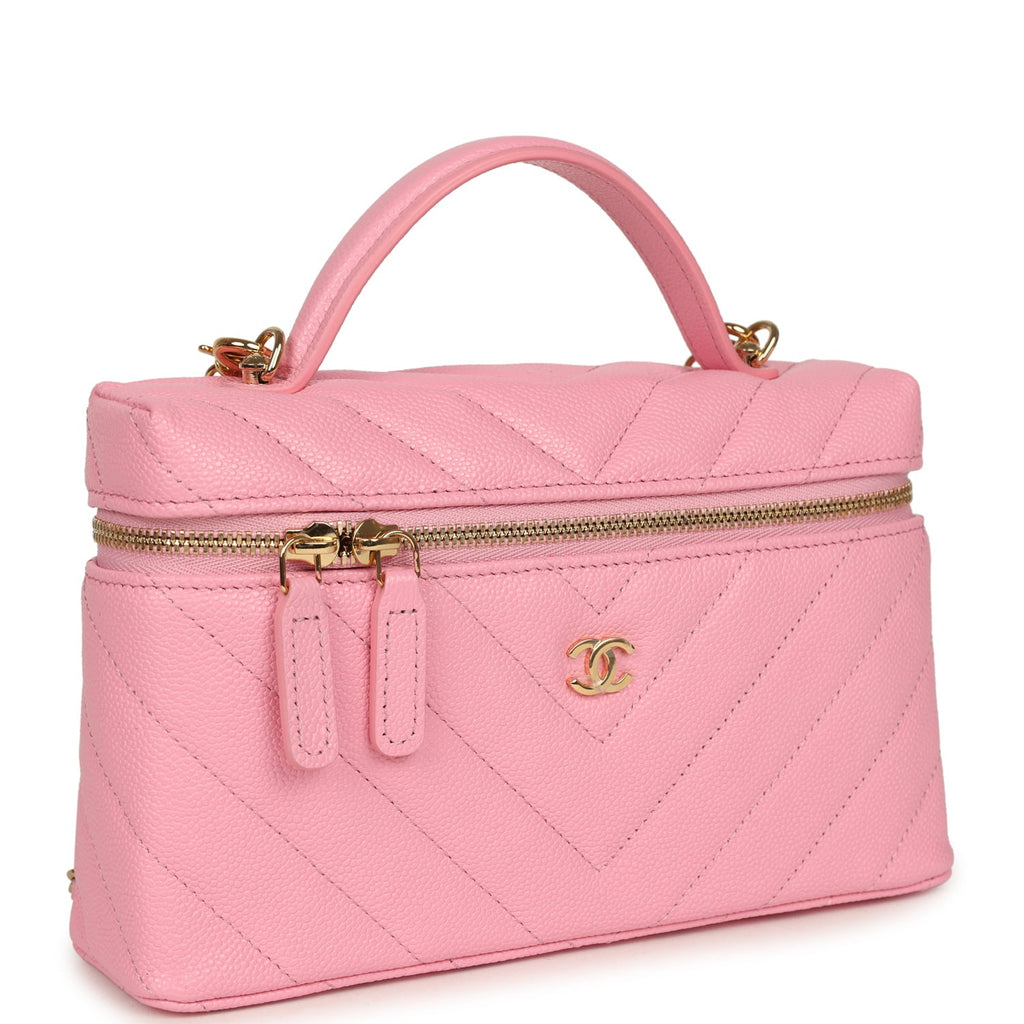 Chanel Sleek Chevron Top Handle Long Vanity Case with Chain Pink Shiny Caviar Gold Hardware