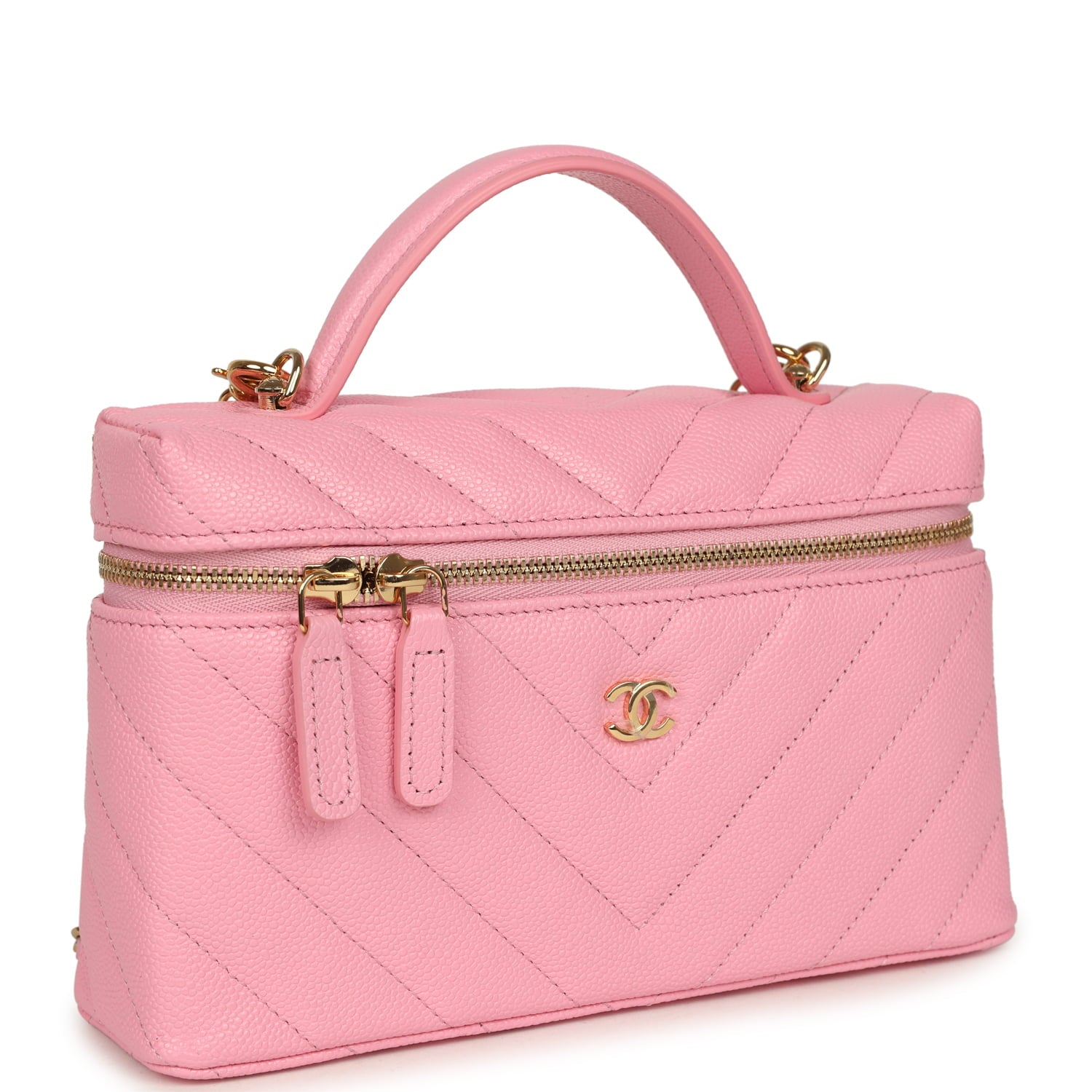 Chanel Sleek Chevron Top Handle Long Vanity Case with Chain Pink Shiny Caviar Gold Hardware