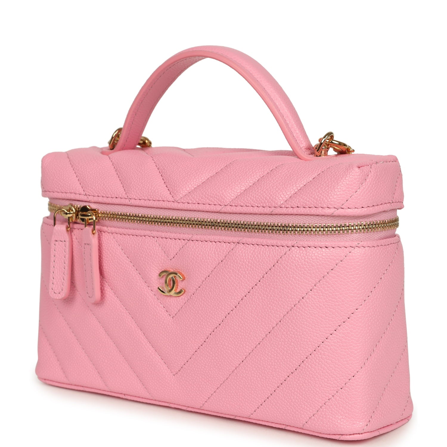 Chanel Sleek Chevron Top Handle Long Vanity Case with Chain Pink Shiny Caviar Gold Hardware