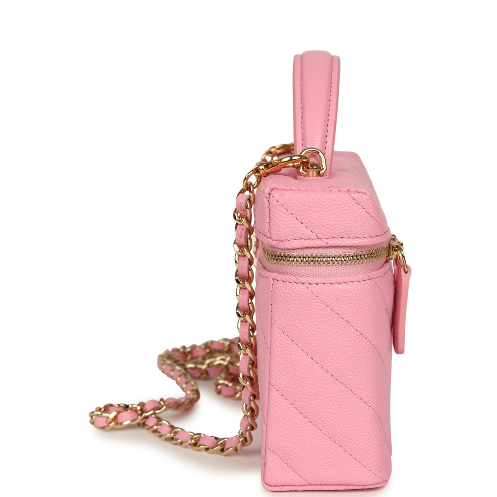 Chanel Sleek Chevron Top Handle Long Vanity Case with Chain Pink Shiny Caviar Gold Hardware