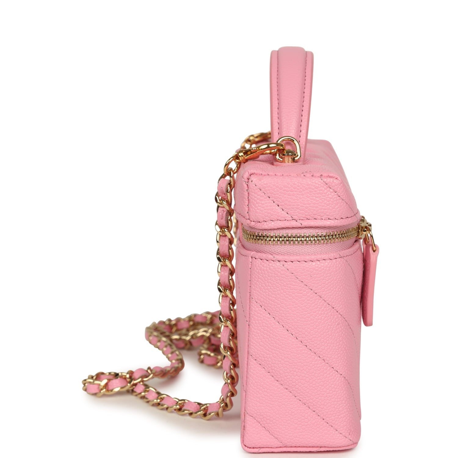 Chanel Sleek Chevron Top Handle Long Vanity Case with Chain Pink Shiny Caviar Gold Hardware